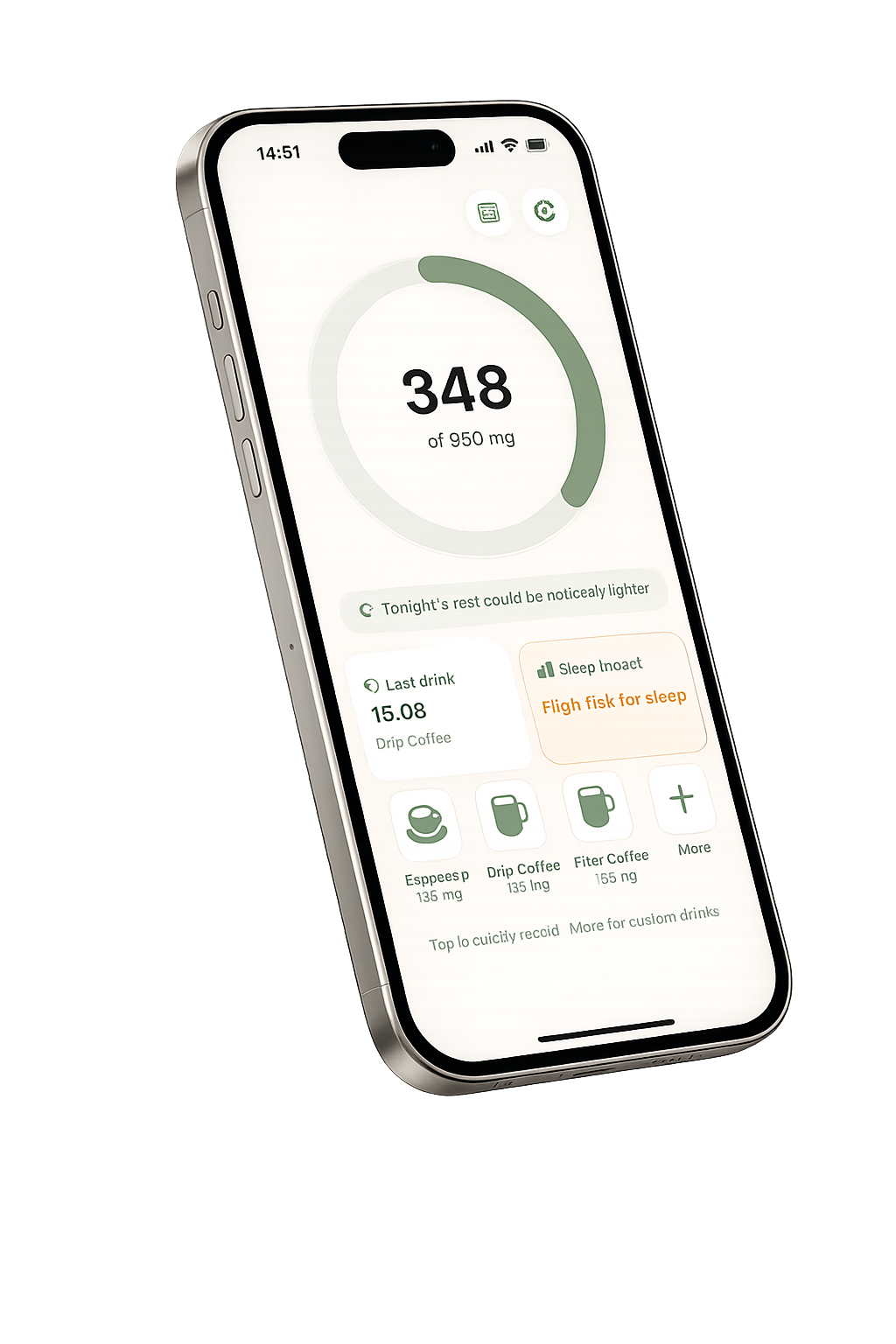 Caffeine Off app screenshot showing the daily caffeine tracking ring displaying 348 of 950 mg with quick-add buttons for espresso, latte, cold brew, and drip coffee